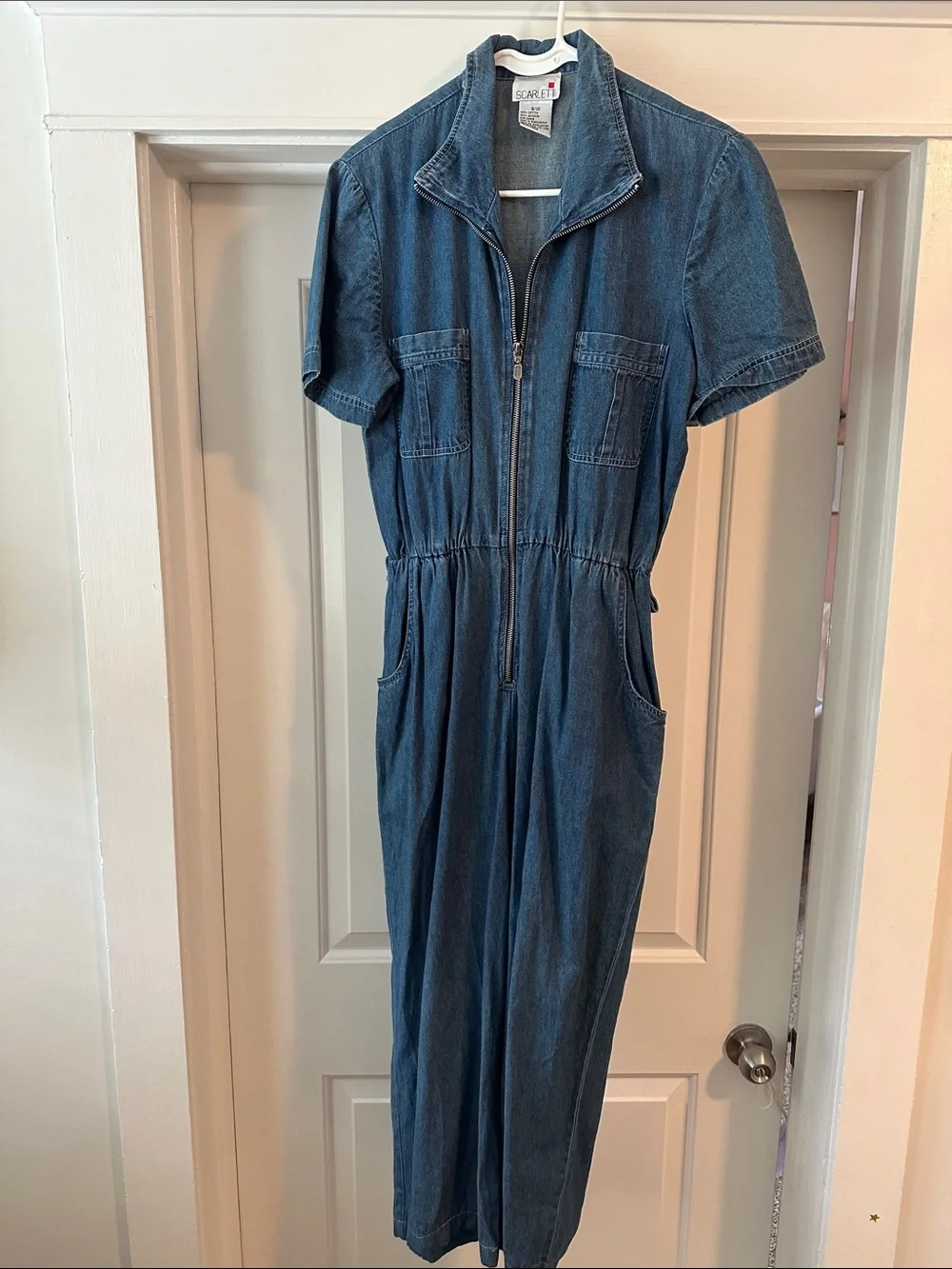 Scarlett Dark Blue Denim Short-Sleeve Zip Front One-Piece